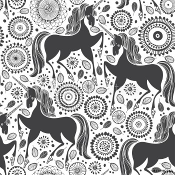 Picture of Fairytale pattern with unicorns on a floral background Black and white vector illustration